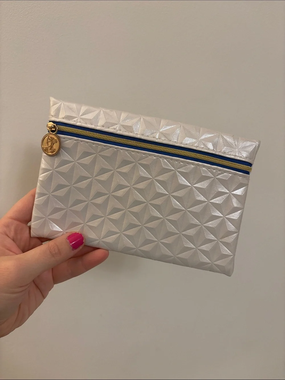 ipsy Silver Geometric Embossed Cosmetic Pouch with Navy Trim